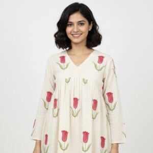 Off White Flower Printed Short Kurti