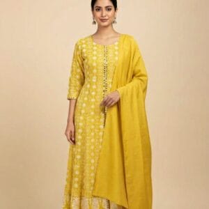 Mirror Work Front Open Anarkali With Plain Shawl