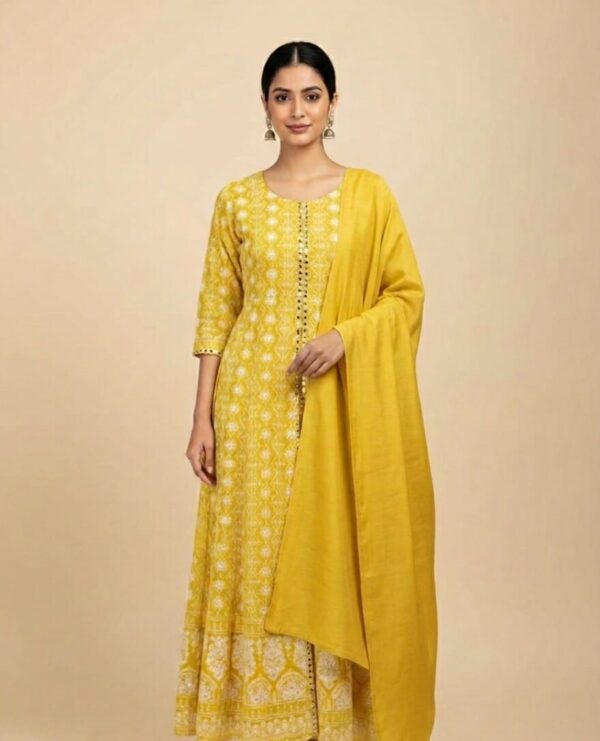 Mirror Work Front Open Anarkali With Plain Shawl