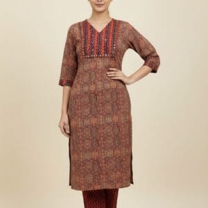 Ethnic Ajrakh Printed Mirror Work Kurti With Pant
