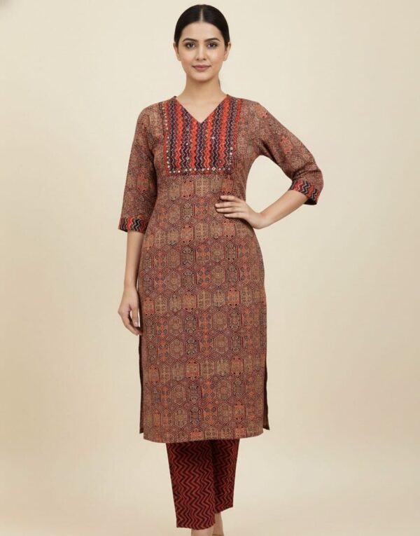 Ethnic Ajrakh Printed Mirror Work Kurti With Pant