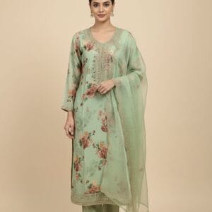 Pure Roman Silk Floral Print Kurti Set With Organza Duppatta