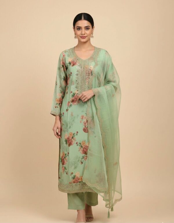 Pure Roman Silk Floral Print Kurti Set With Organza Duppatta