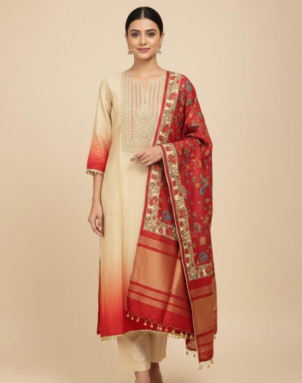 Cream Chanderi Silk Kurti Set With Kalamkari Duppatta