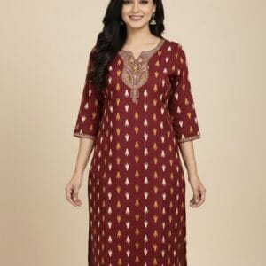 Embroidered Maroon Cotton Casual Kurti