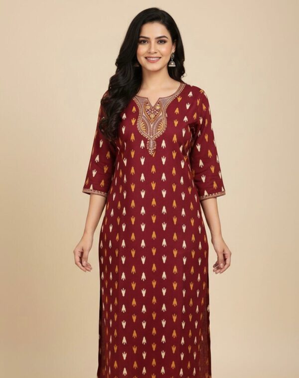 Embroidered Maroon Cotton Casual Kurti