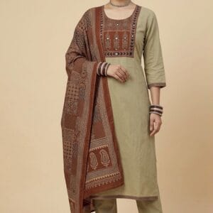 Beige color Traditional Print Kurti Set
