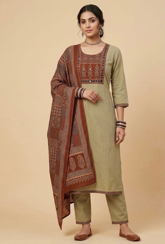 Beige color Traditional Print Kurti Set