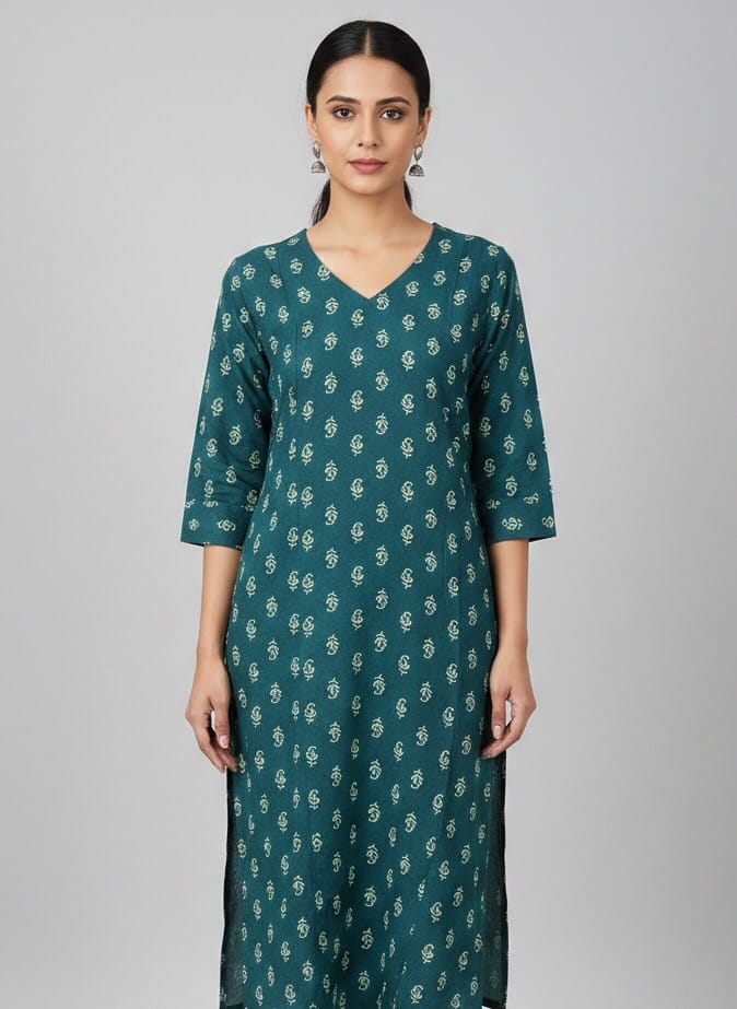 Dark Green Printed Straight Kurti