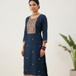 Navy Blue Neckline Embroidered Set Kurti