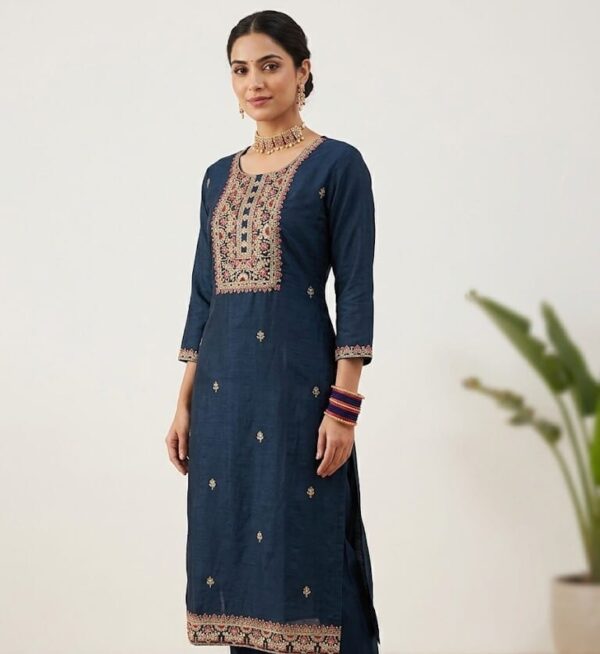 Navy Blue Neckline Embroidered Set Kurti