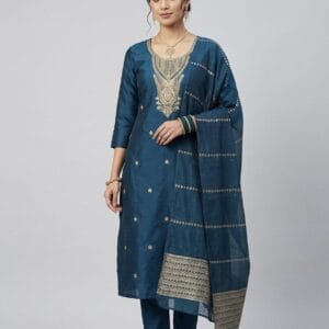 Navy Blue Neck Line Embroidered Set Kurti