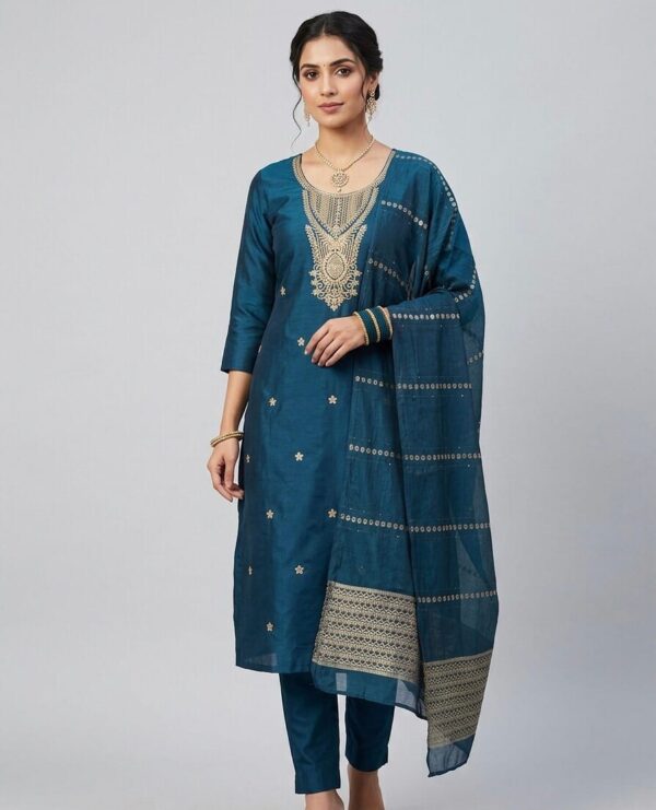 Navy Blue Neck Line Embroidered Set Kurti