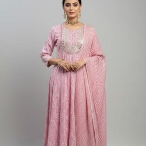 Cotton Embroidered Anarkali with Shawl