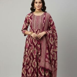 Cotton Embroidered Anarkali With Shawl