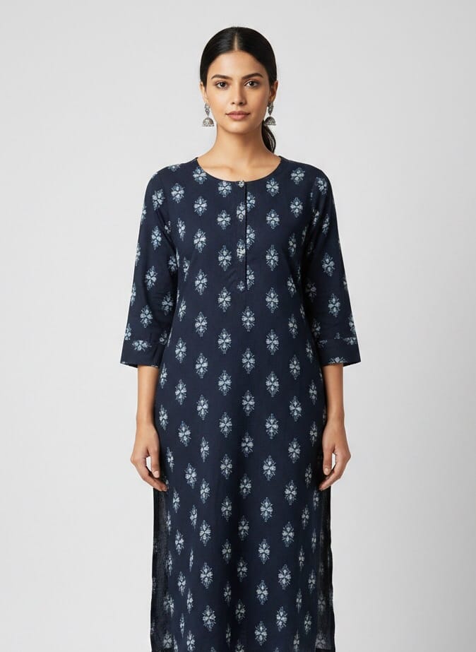 Navy Blue Round Neck Casual Kurti