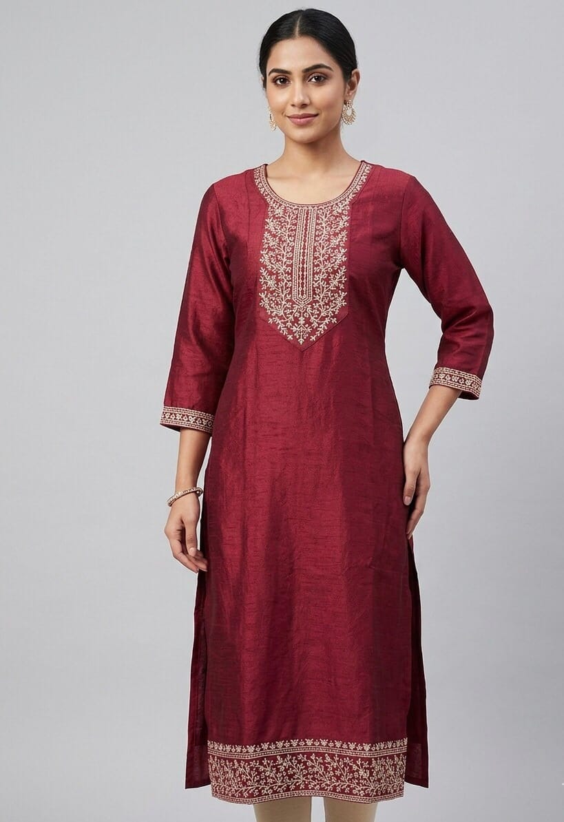 Neck Line Embroidered Straight Cut Kurti