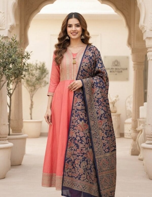 Embroidered Peach Frock with multicolored Shawl Sri Lanka
