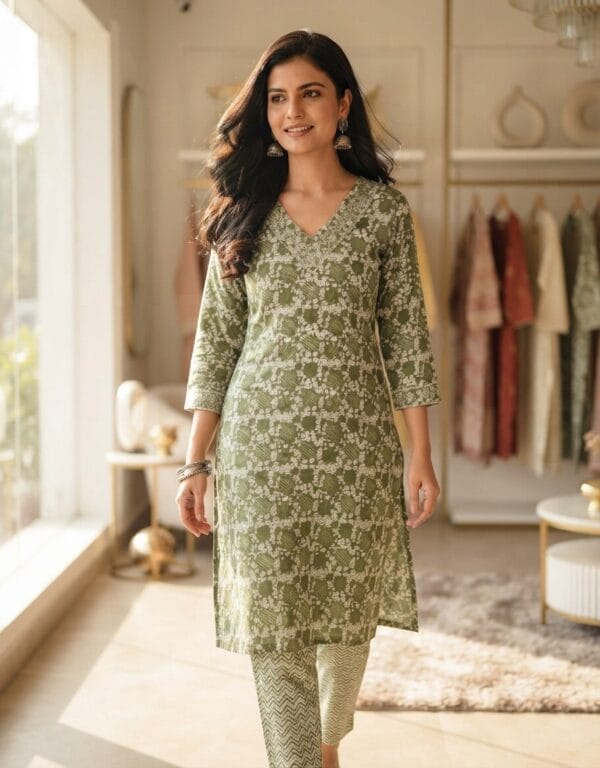 Mint Mist Printed Cotton Kurti Set Sri Lanka