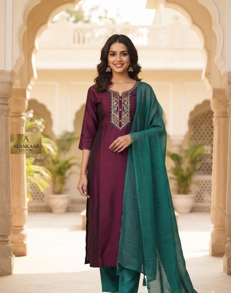 Purple & Green Kurti Set with Embroidered Neckline Sri Lanka