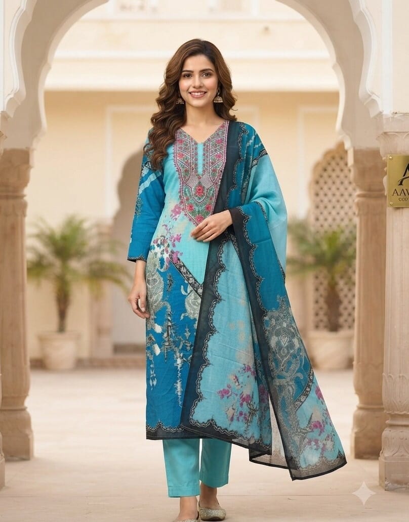 Sky Bloom – Light Blue Floral Cotton Kurti Set. Sri Lanka