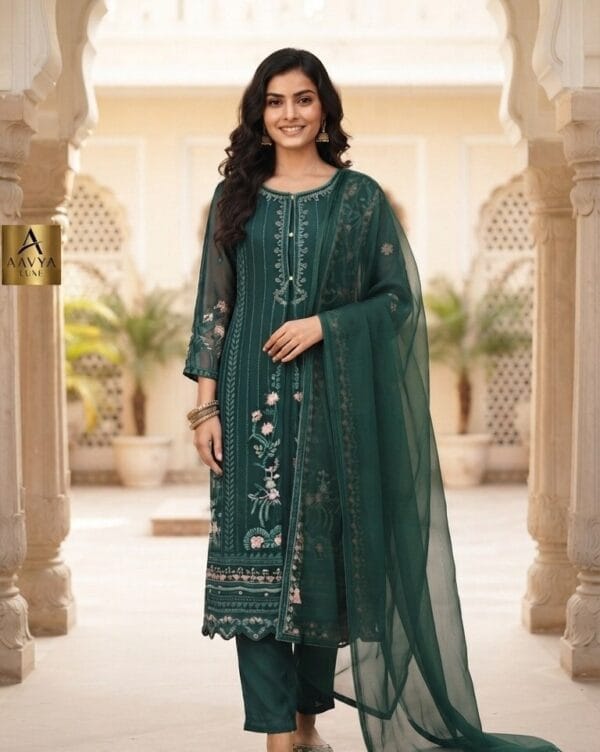 Elegant Teal Thread Work Dark Green Kurti Set Sri Lanka
