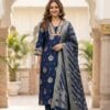 Navy Blue Jacquard Silk Kurti Set Sri Lanka