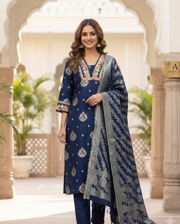 Navy Blue Jacquard Silk Kurti Set Sri Lanka