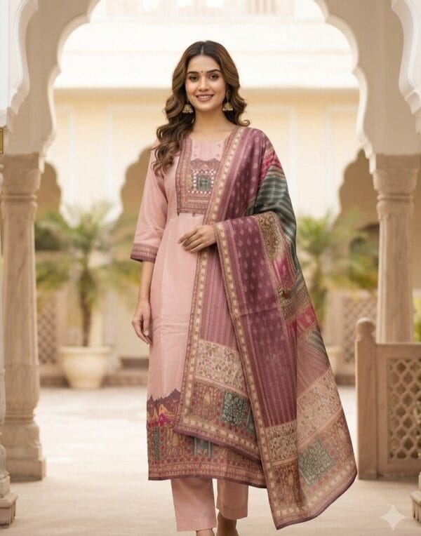 Peach Pink Printed Chanderi Kurti Set Sri Lanka