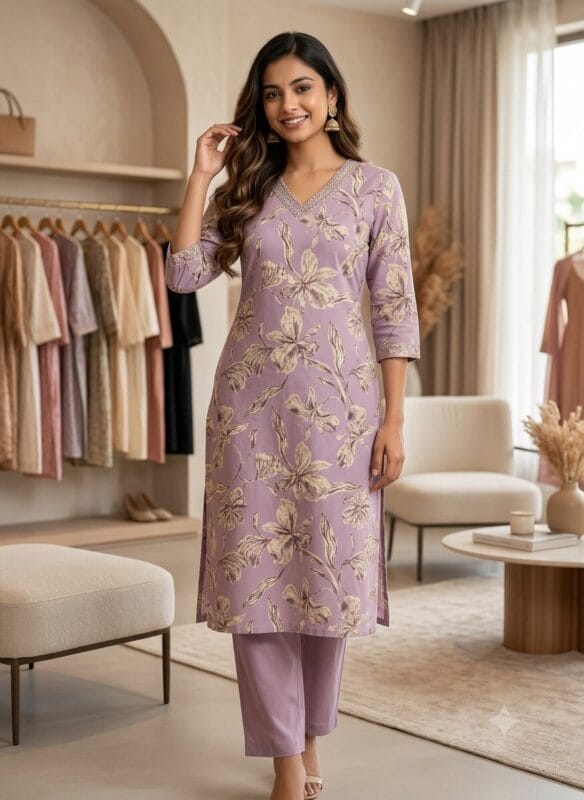 Floral Purple Cotton Two Piece Set Kurti Sri Lanka