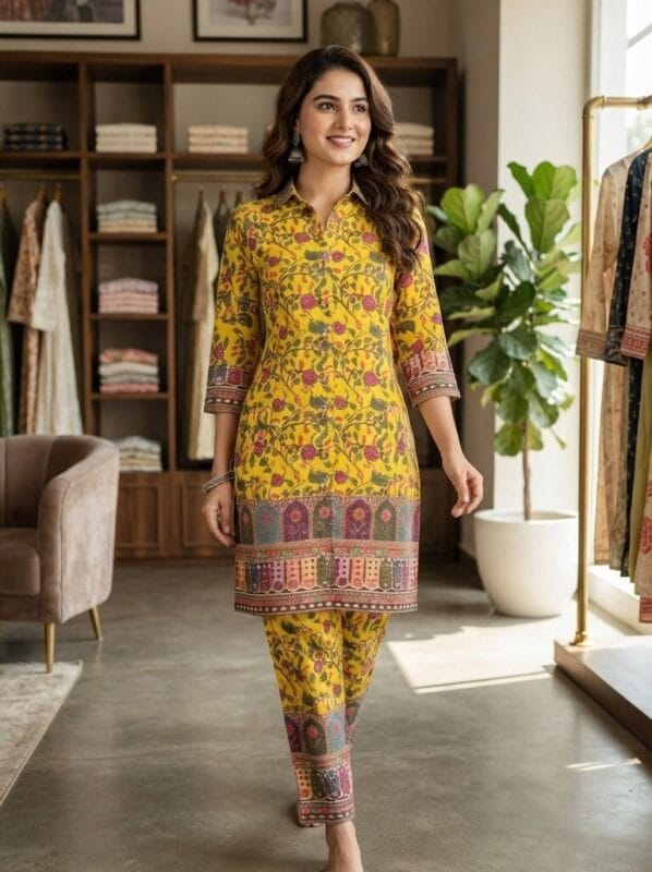 Floral Yellow Two Piece Set Kurti