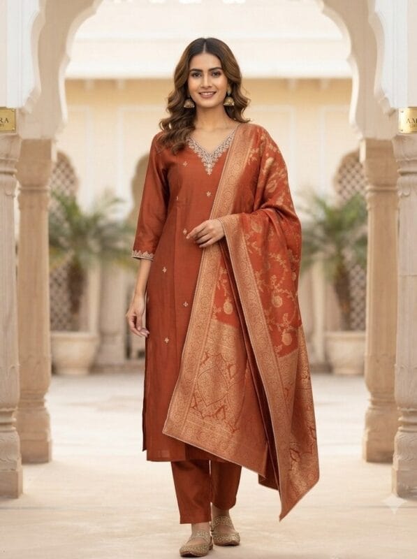 Orange Chanderi Kurti Set With Banarasi Duppatta Sri Lanka
