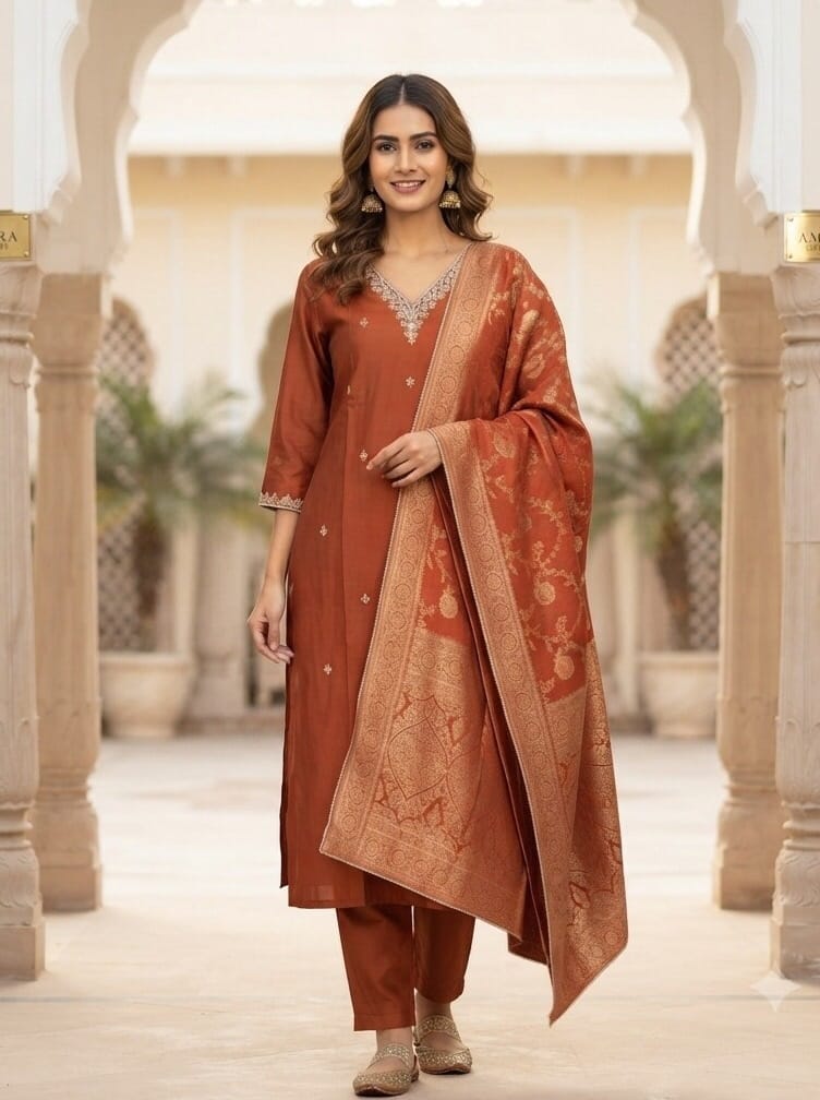Orange Chanderi Kurti Set With Banarasi Duppatta Sri Lanka