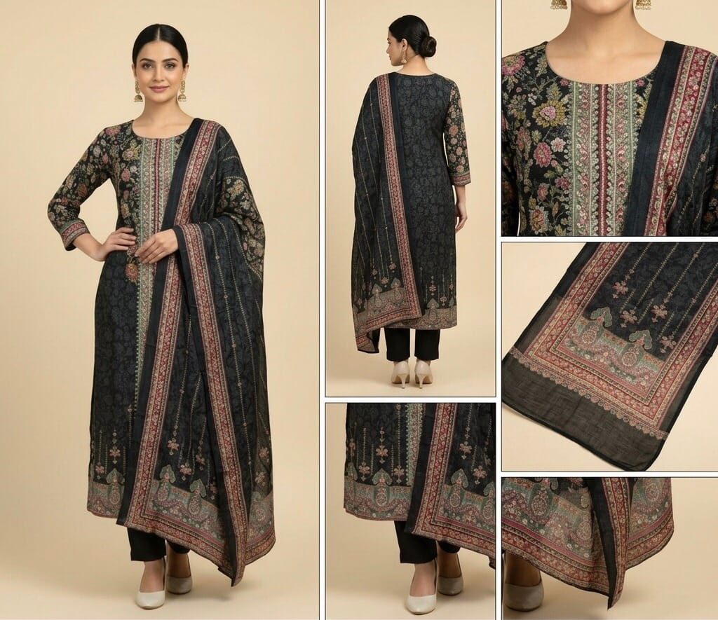 Stunning Crepes Silk Pakistani Black Set - image 2 Sri Lanka