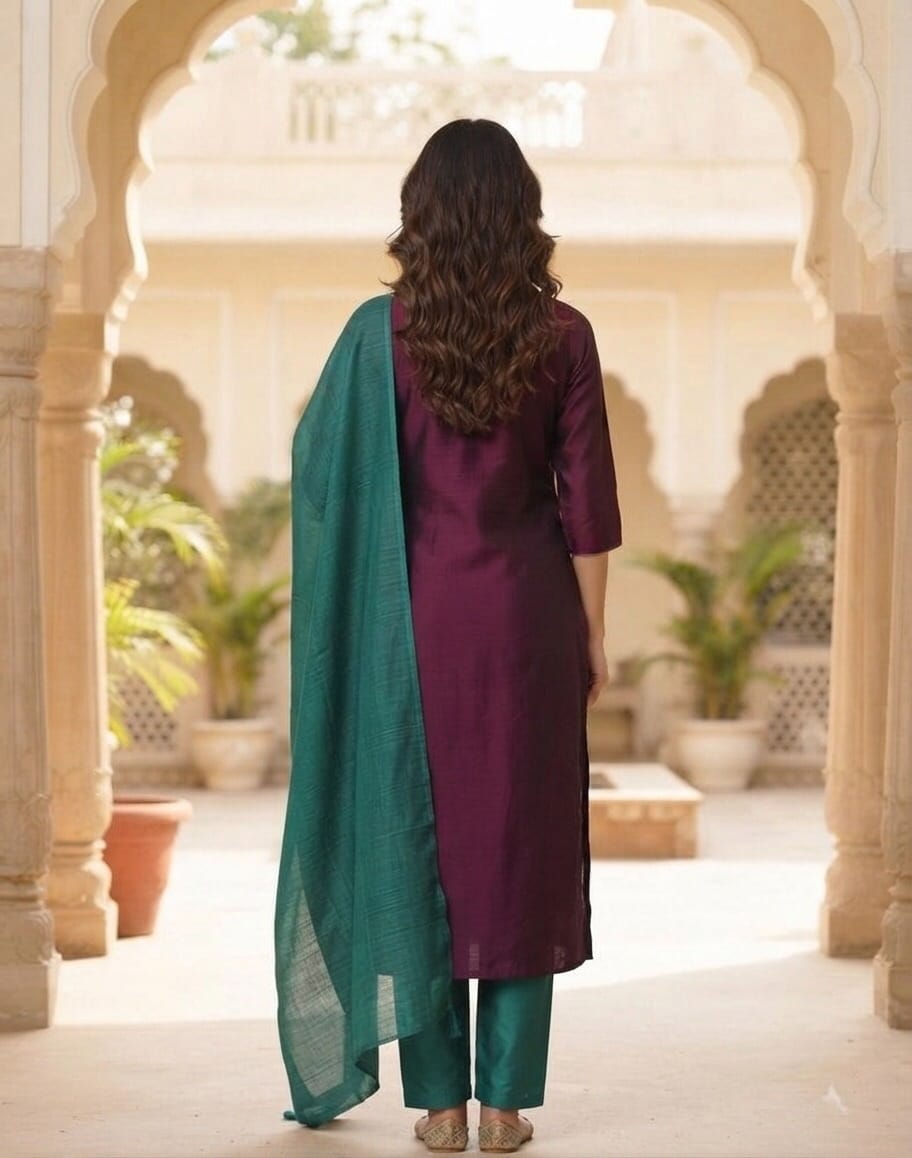 Purple & Green Kurti Set with Embroidered Neckline - image 2 Sri Lanka