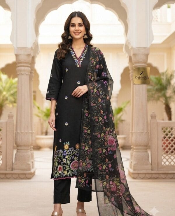 Black Mul Chanderi Kurti Set With Floral Organza Duppatta Sri Lanka
