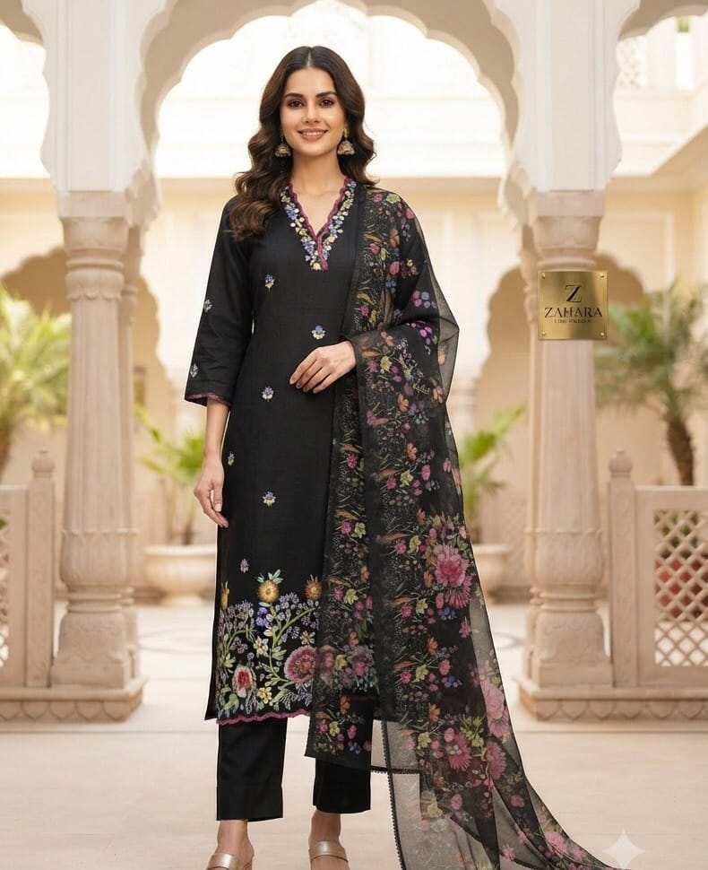 Black Mul Chanderi Kurti Set With Floral Organza Duppatta Sri Lanka