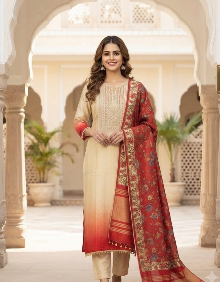 Cream Chanderi Silk Kurti Set With Kalamkari Duppatta Sri Lanka