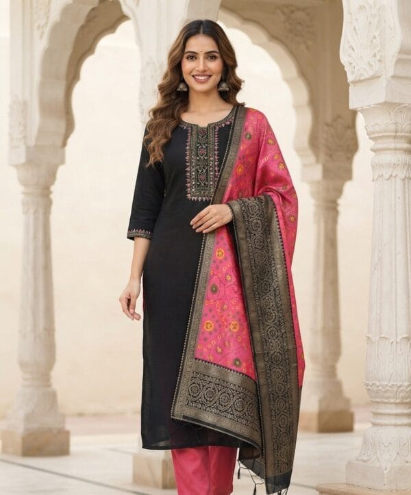 Neck Line Embroidered Black Set Kurti With Multi coloured Shawal Sri Lanka