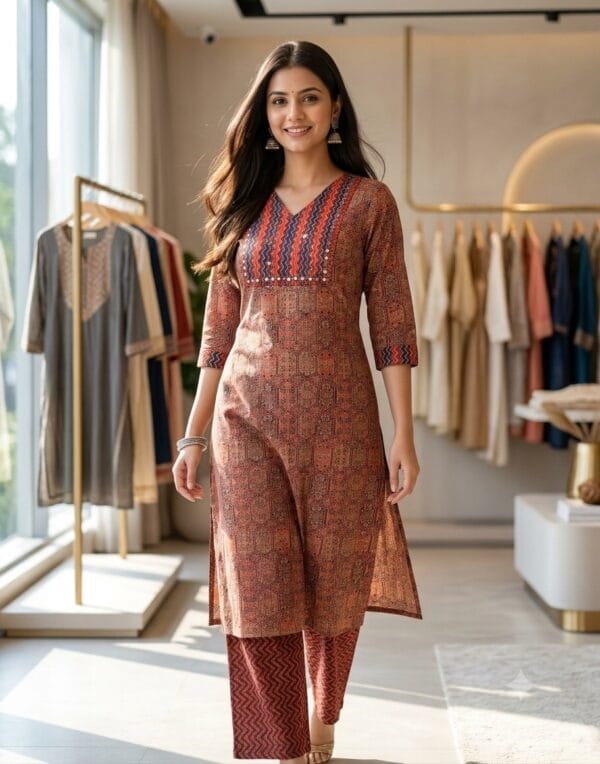 Ethnic Ajrakh Printed Mirror Work Kurti With Pant Sri Lanka