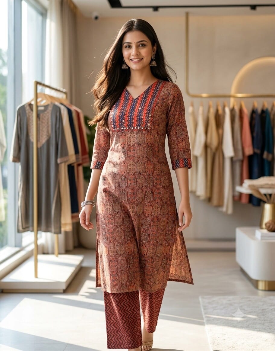 Ethnic Ajrakh Printed Mirror Work Kurti With Pant Sri Lanka