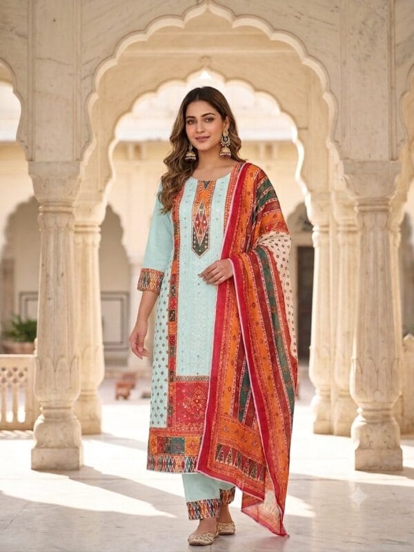 Elegant Aqua Rangoli Kurti Set Sri Lanka