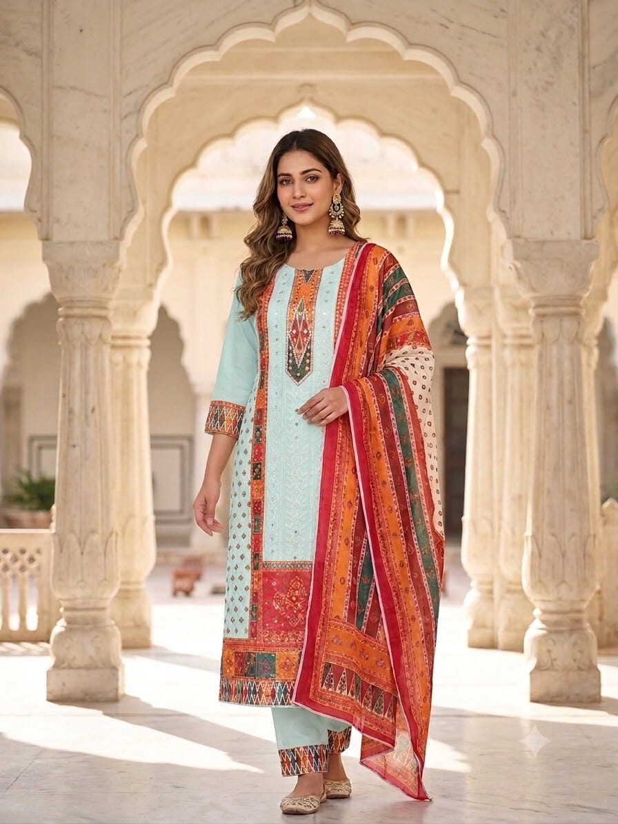 Elegant Aqua Rangoli Kurti Set Sri Lanka