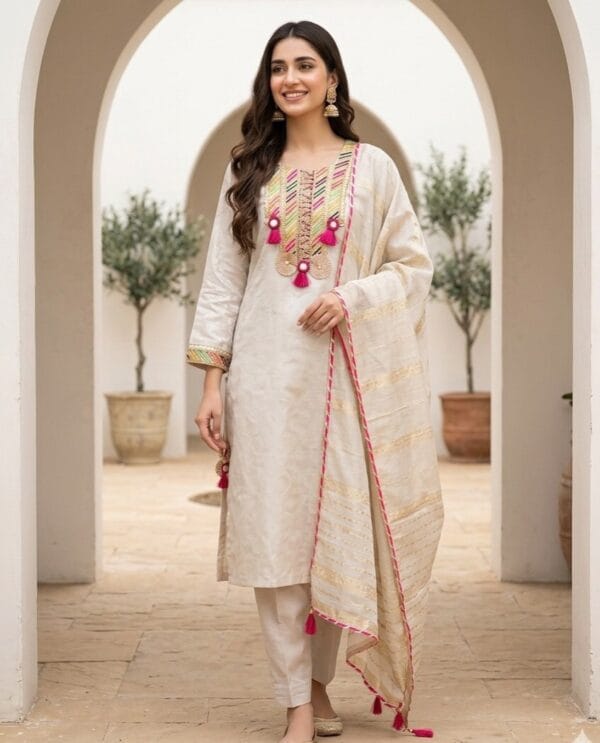 Golden Cream Crepe Banarasi Suit With Dupatta Sri Lanka
