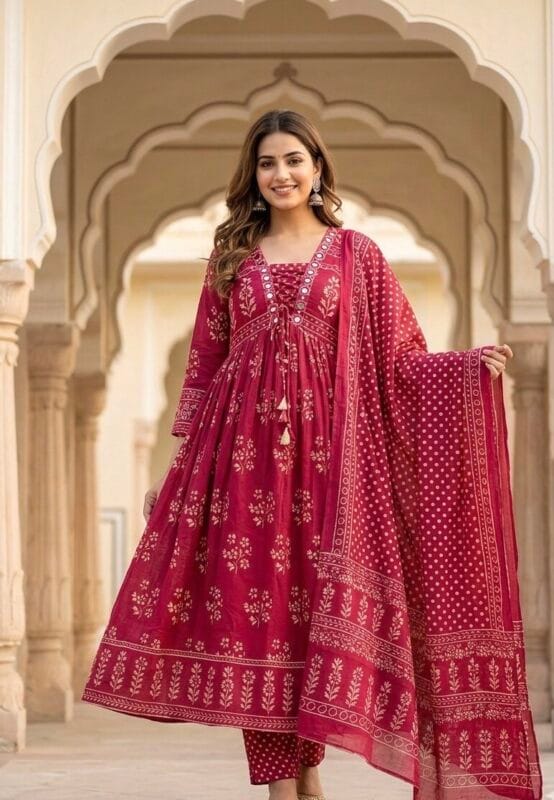 Royal Red Printed Anarkali Set Sri Lanka