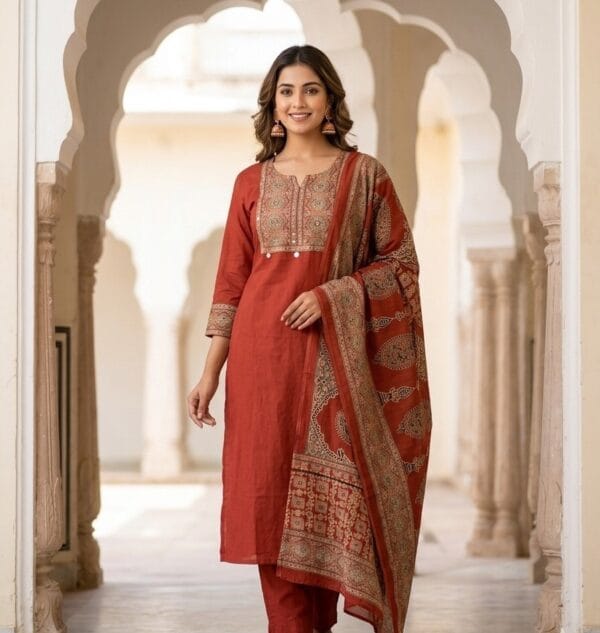 Rust Orange Printed Mul Cotton Set Sri Lanka