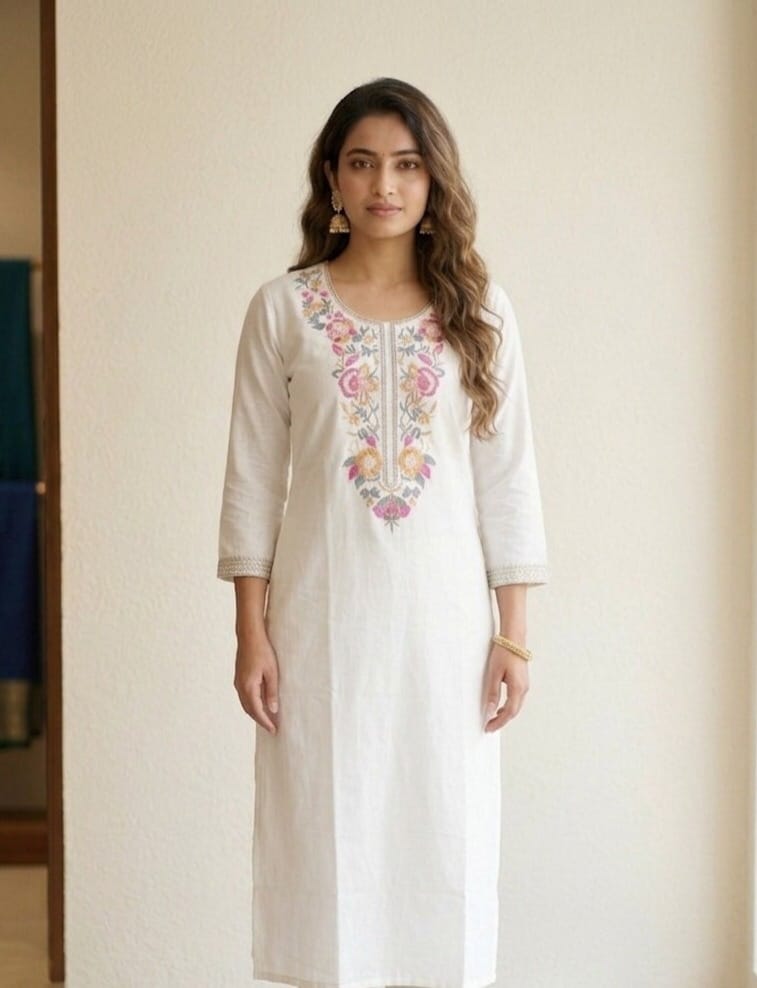 White Neckline Embroidered Casual Kurti Sri Lanka