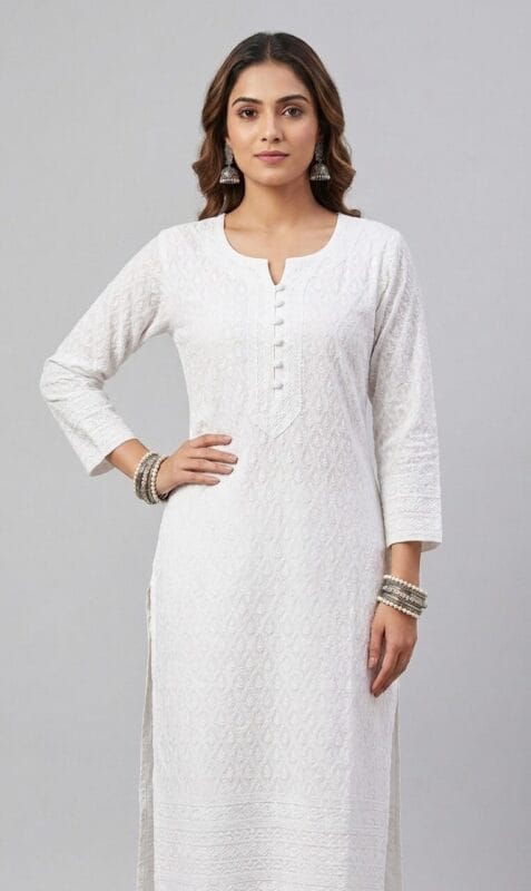 White Elegant Chickenkari Kurti Sri Lanka
