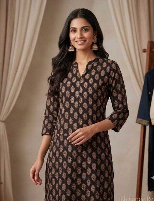 Brown Mandarin Cotton Printed Kurti Sri Lanka