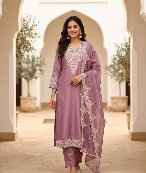 Lavender Embroidered Suit With Organza Duppatta Sri Lanka